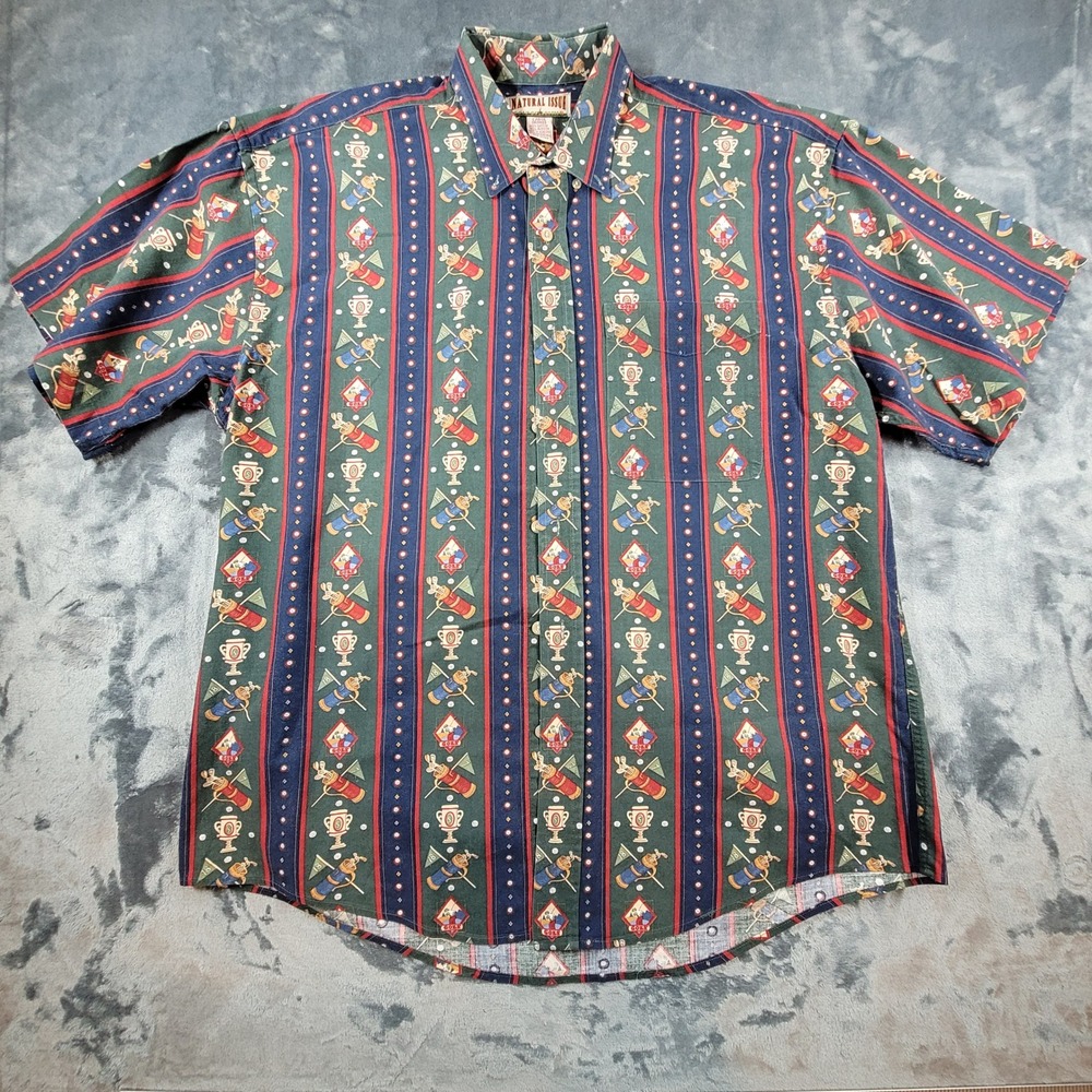 Vintage Natural Issue Golf Collection Mens Large Green Striped‎ Golf Print Shirt
